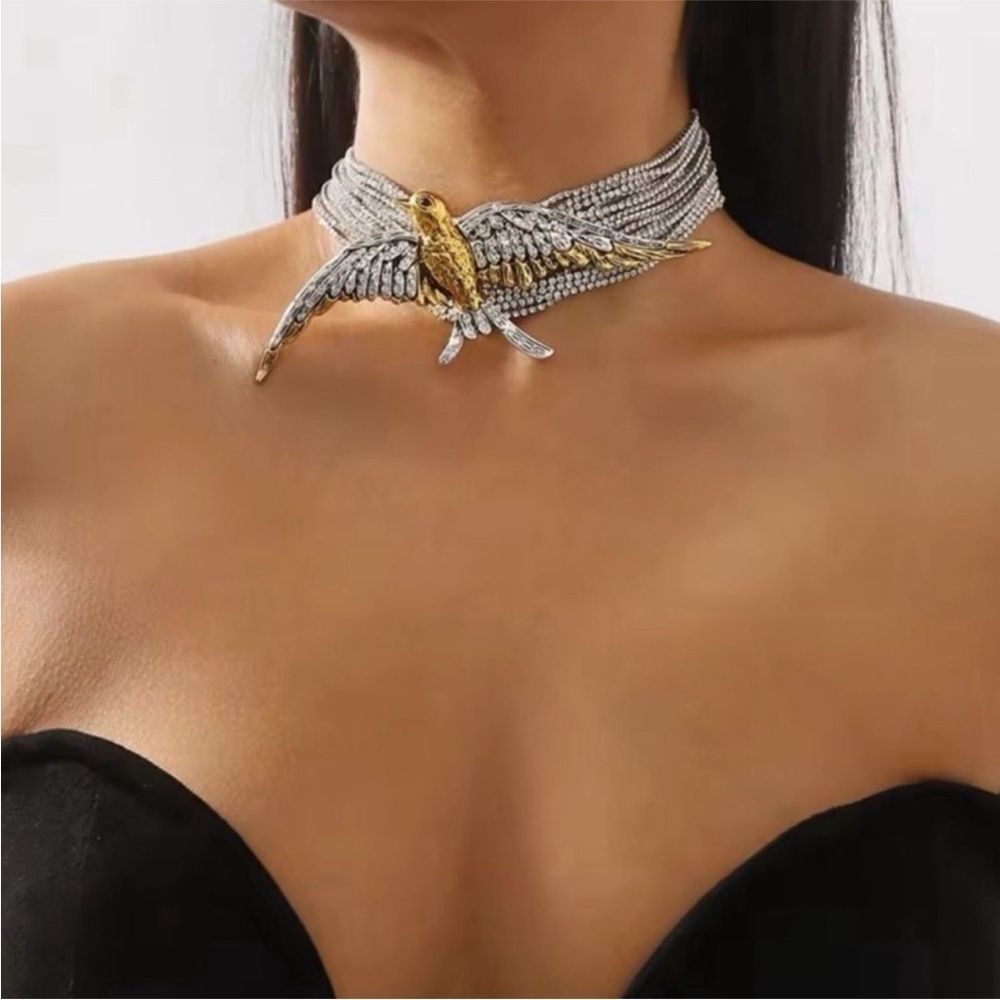 Crystal-Encrusted Silver Swallow Choker